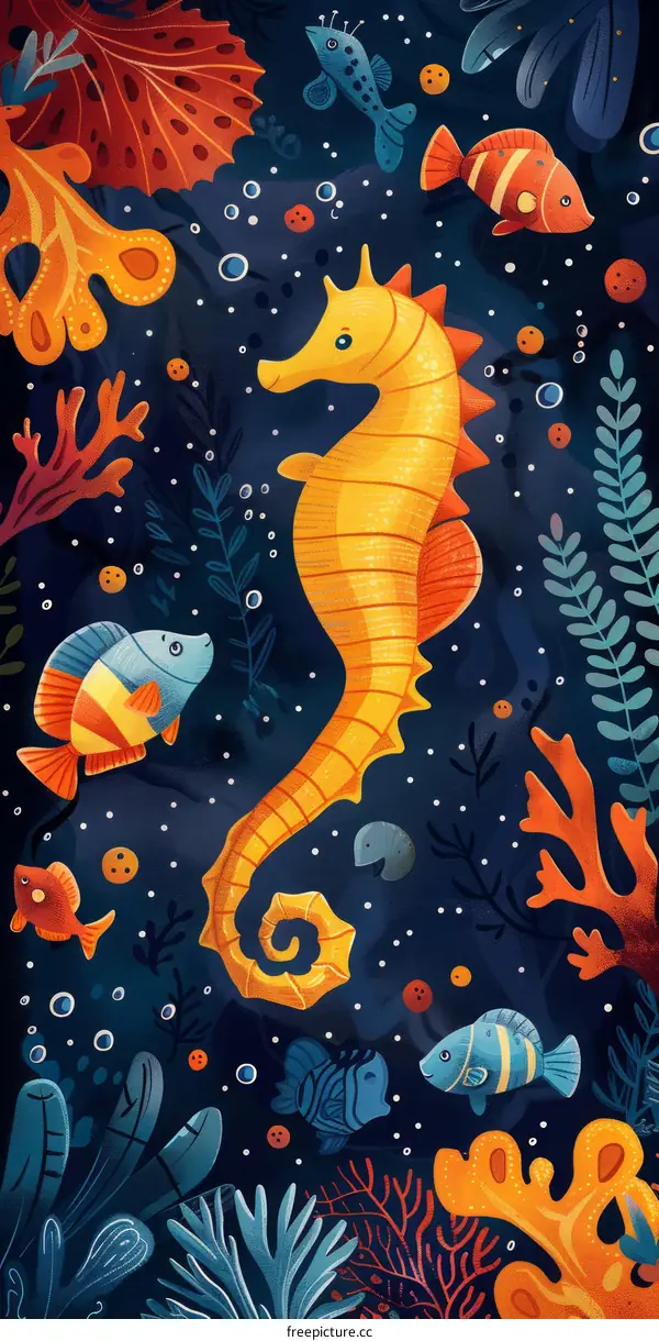 Vibrant Underwater Illustration: Seahorses, Fish & Coral Reef