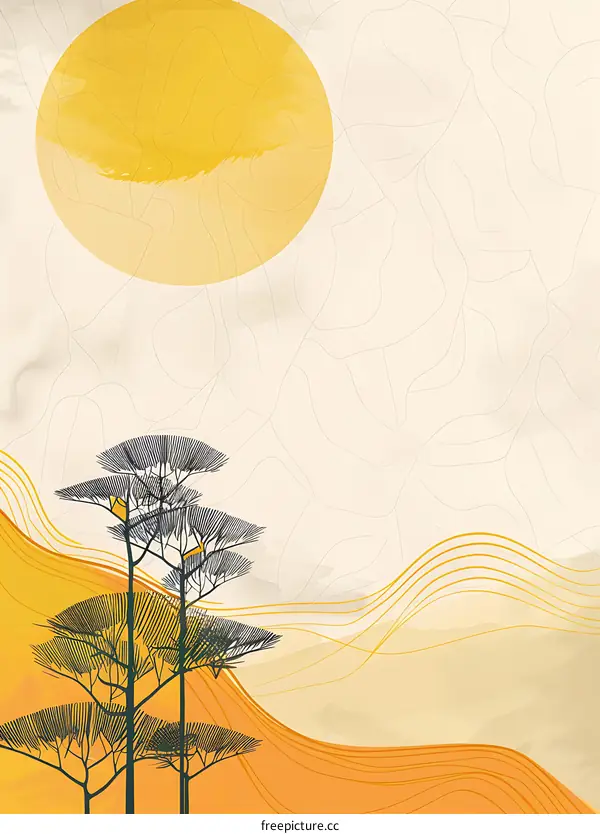 Abstract Minimalist Landscape With Sun and Trees