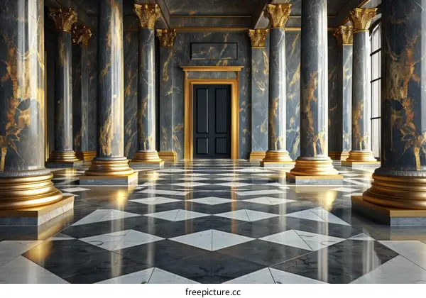 Luxurious Marble Hallway with Black and Gold Accents