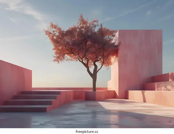 Minimalist Pink Architecture With a Tree