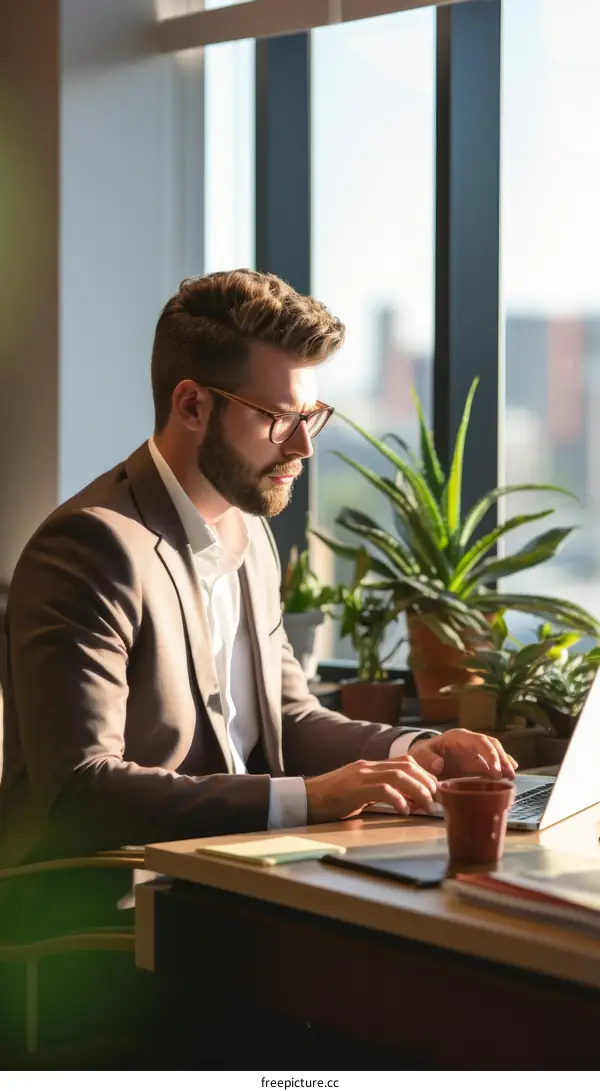 Businessman working on laptop in modern office