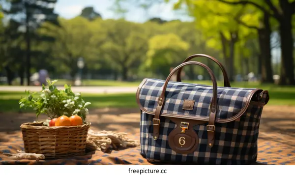 A picnic bag with a basket of food on a blanket in the park