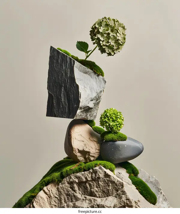 Abstract Minimalist Stone and Plant Composition