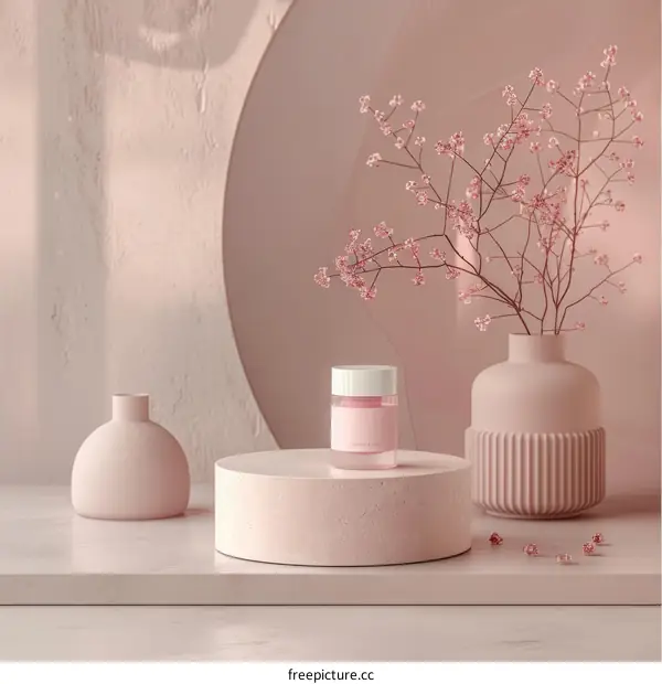 Close-up of a pink cosmetic jar on a podium with a flower in the background