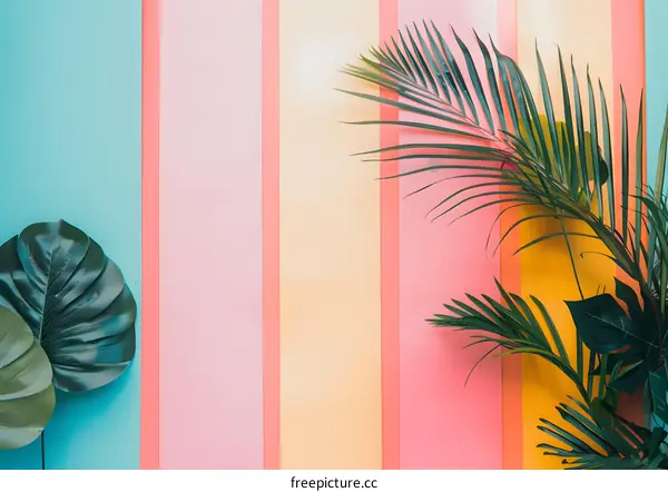 Tropical Leaves on Colorful Striped Wall Background