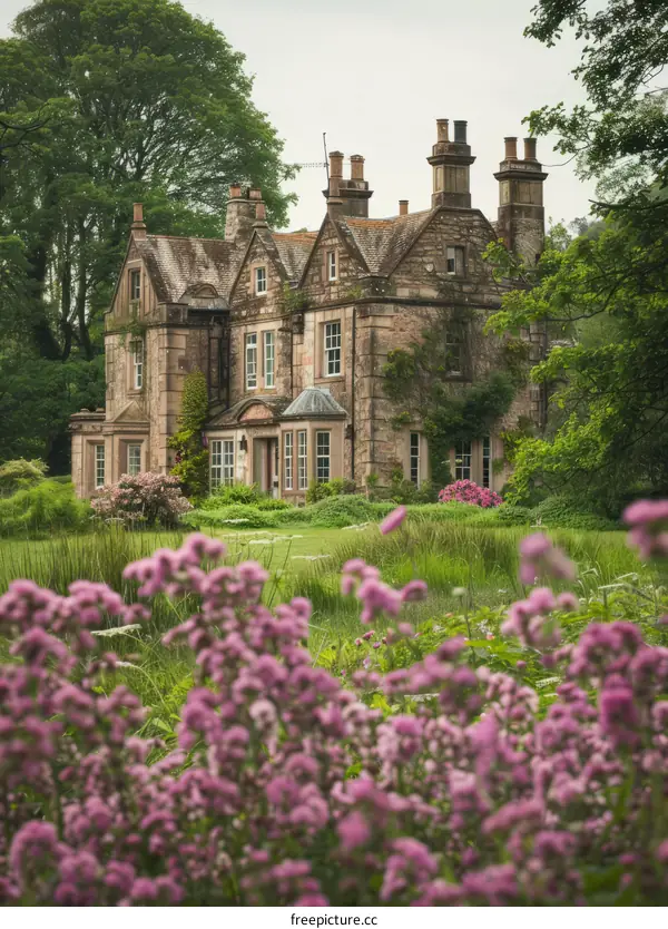 A beautiful stone house with a garden full of pink flowers