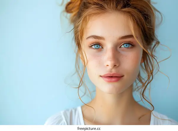 portrait of a beautiful young woman with red hair and blue eyes