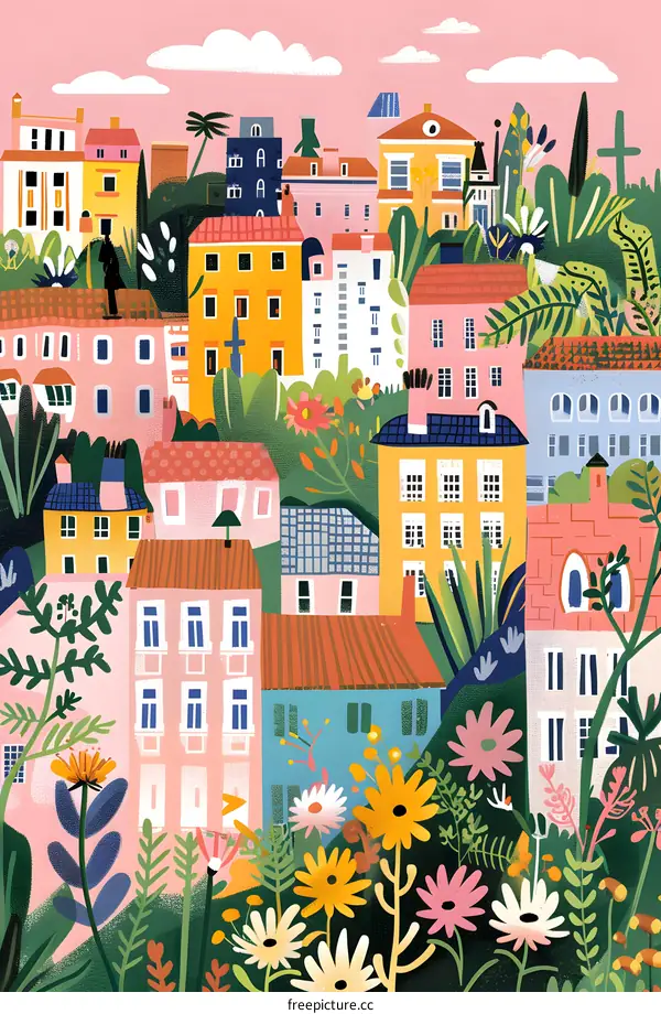 Colorful Illustration of a Town with Buildings and Flowers