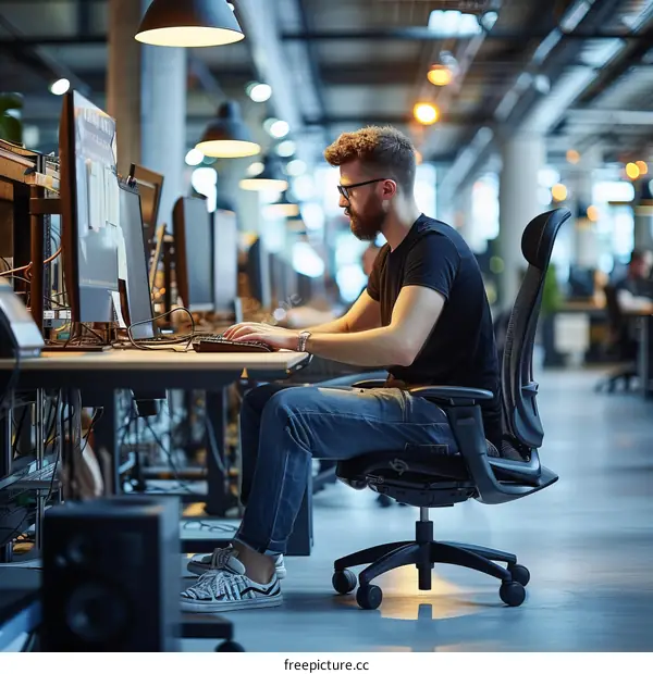 Male software engineer coding on multiple computers in an office