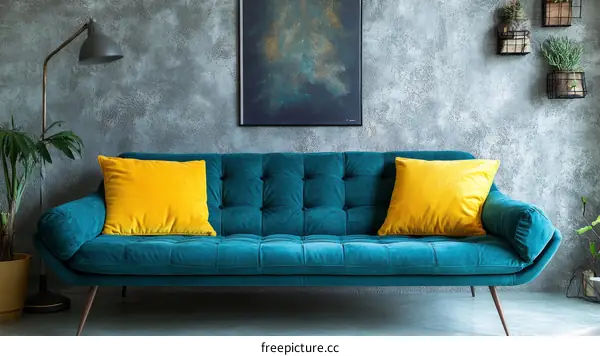 Teal Velvet Sofa with Mustard Yellow Pillows
