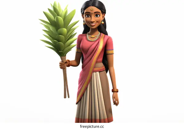 An Indian woman holding a palm leaf