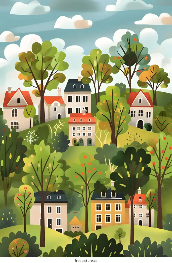 Village Landscape with Green Trees and Colorful Houses