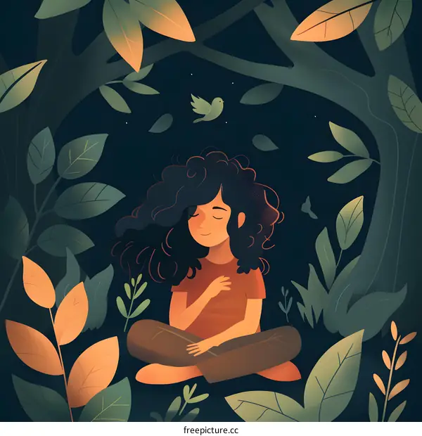 Woman Sitting in Nature with a Bird Flying Above