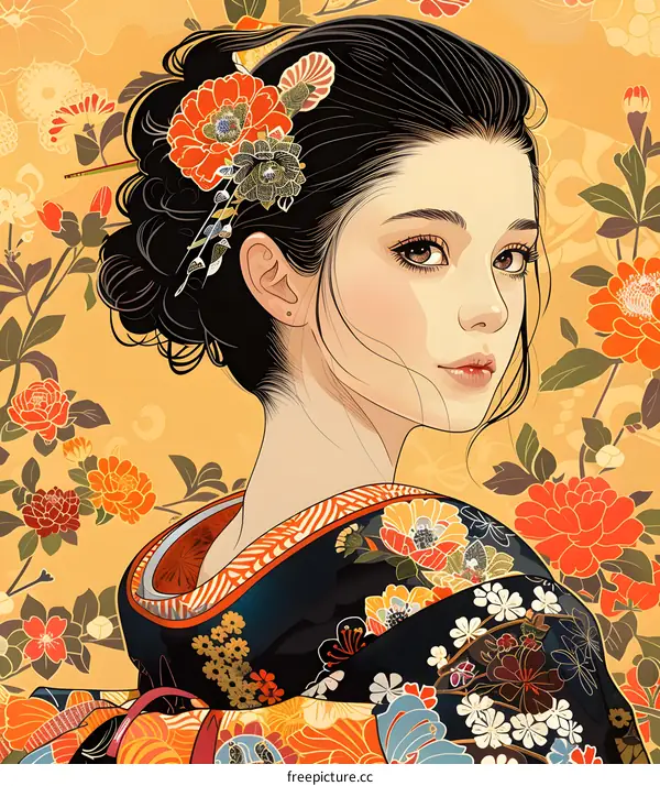 An illustration of a Japanese woman wearing a kimono with a floral pattern