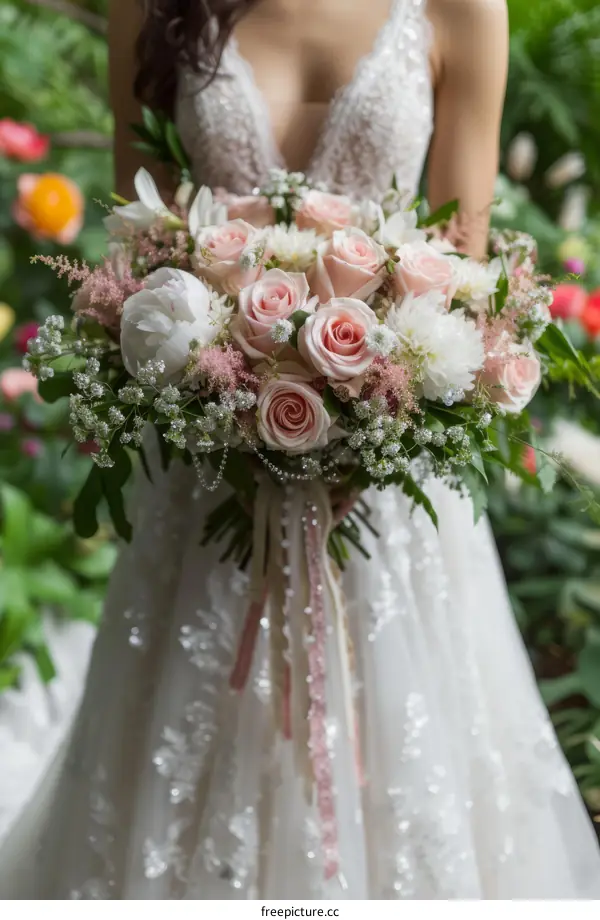 A bride holds a bouquet of pink and white flowers
