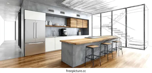 Modern Kitchen Design with Sketch Overlay