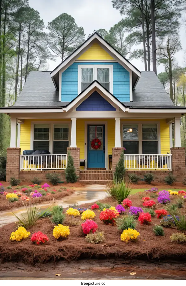 Small colorful cottage house with a garden full of flowers