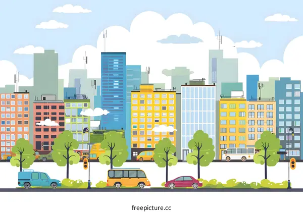 Cityscape Illustration With Buildings, Cars and Trees