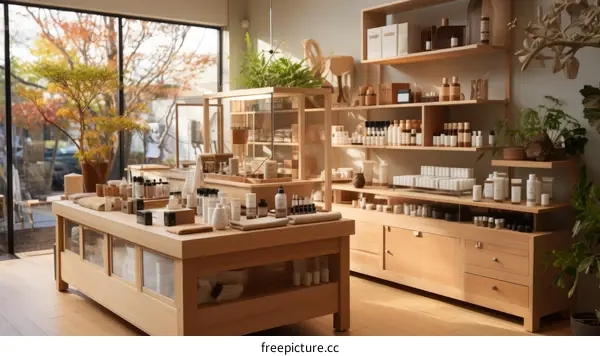 An interior of a store that sells wooden furniture and home decor with a large glass window illuminating the space