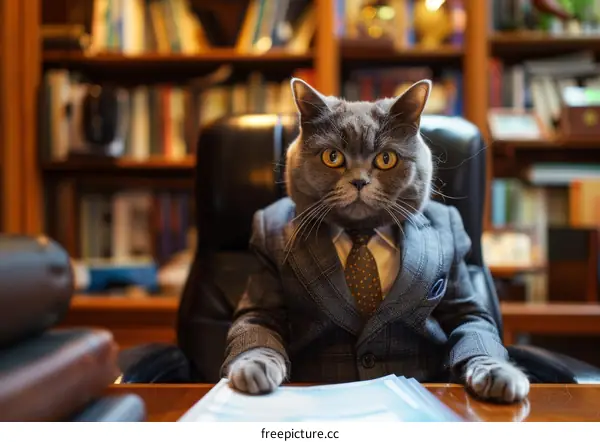 A gray cat wearing a suit and tie is sitting in a leather chair in a library.