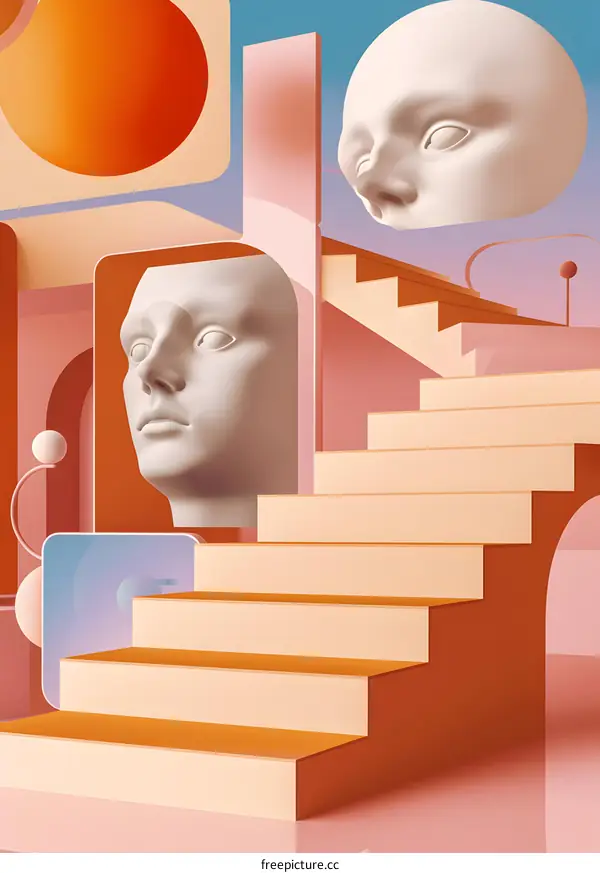 Abstract Staircase with Geometric Shapes and Faces
