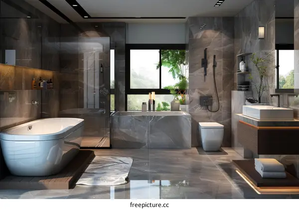 Modern Bathroom Interior with Grey Marble Tiles and Wood Accents