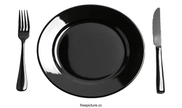 [Transparent Background PNG]Black Empty Plate and Cutlery Set on White Background