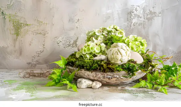 Green Floral Arrangement with Moss and Stones in Rustic Bowl