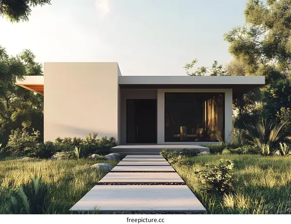 Modern House with Green Grass and Stone Path