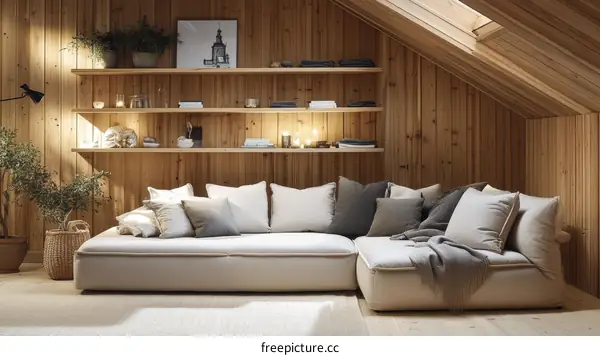 Cozy Wooden Attic Living Room with Sectional Sofa