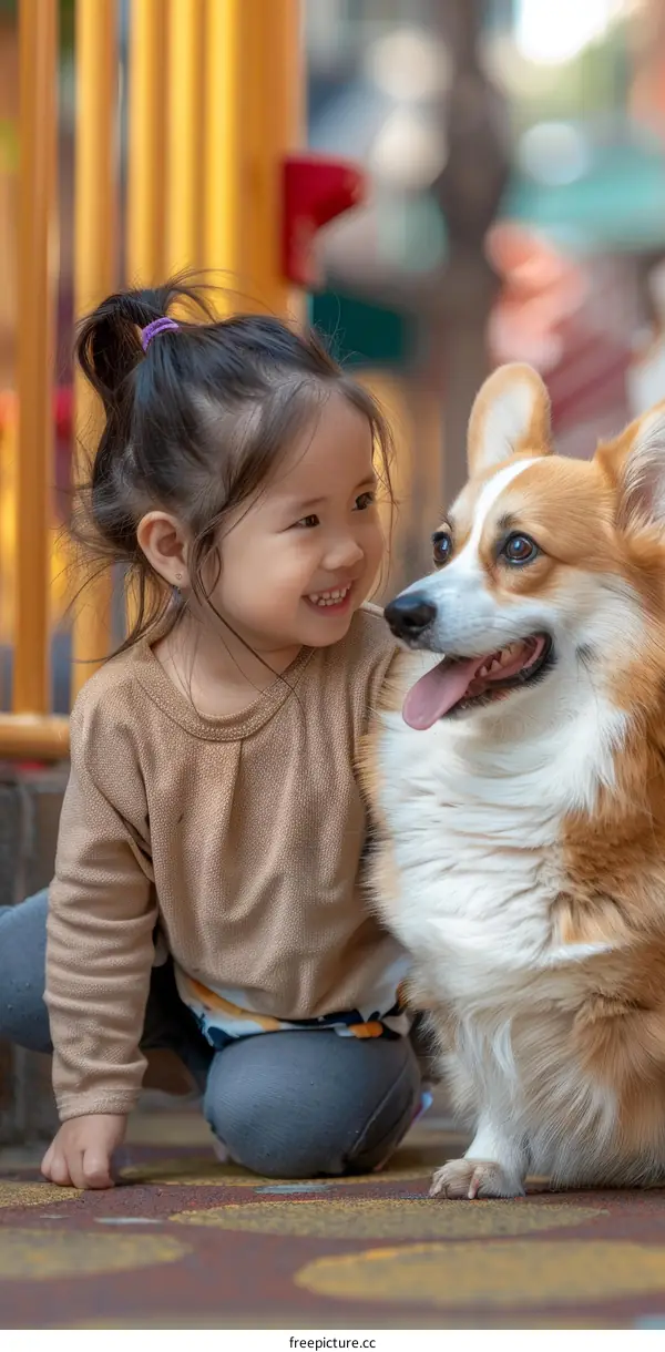 Asian toddler girl playing with a corgi dog on the playground