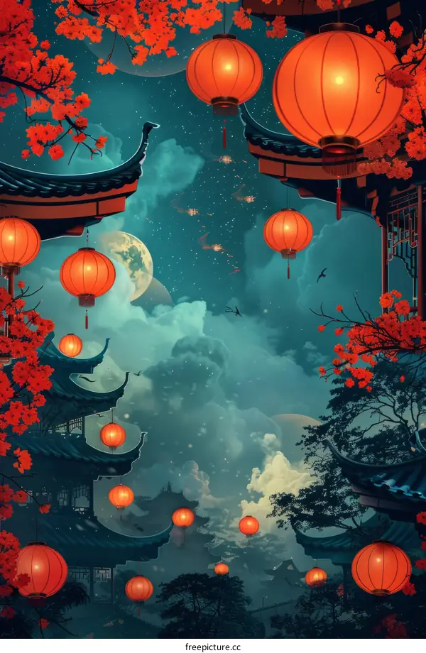 Red Lanterns and Full Moon in a Traditional Chinese Courtyard