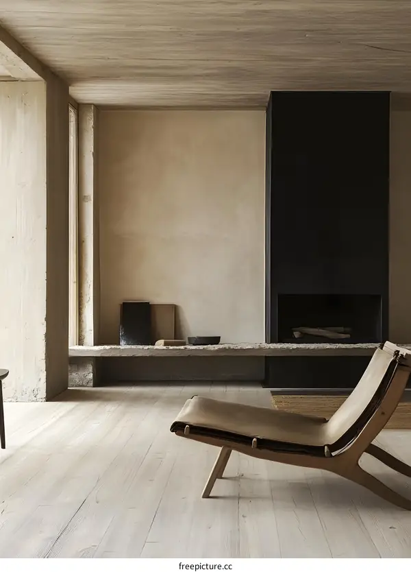 Minimalist Living Room Interior Design with Fireplace and Leather Chair