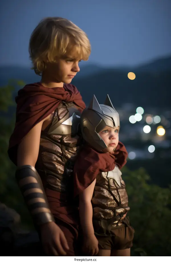 Two young children dressed as superheroes.
