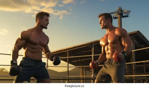 Two muscular men in a boxing ring, ready to fight