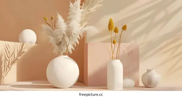 Minimalist Home Decor with White Vases and Dried Flowers