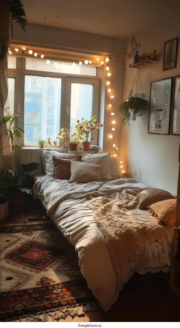 Cozy bedroom with plants and fairy lights