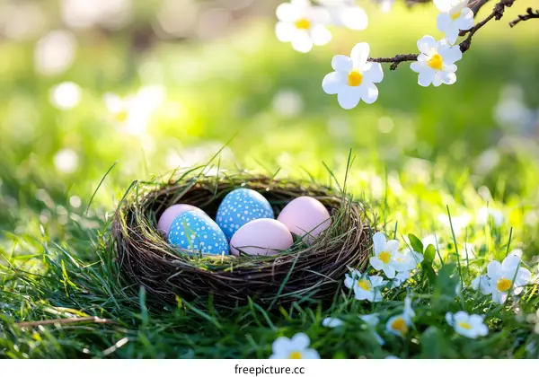 Easter Eggs in a Nest on a Spring Meadow