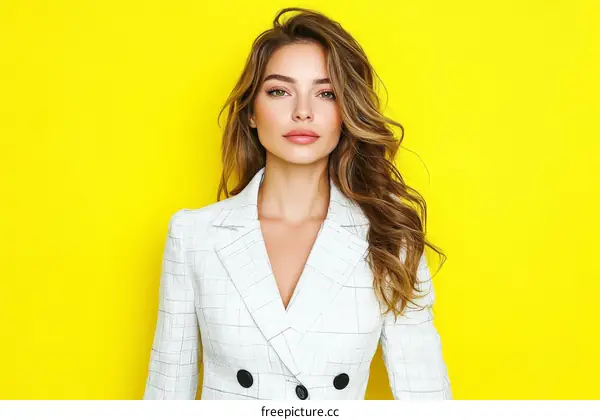 Fashionable Woman in White Blazer against Yellow Background