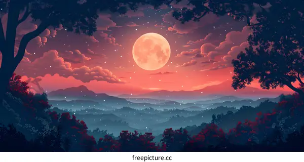A beautiful landscape of a full moon rising over a mountain range.