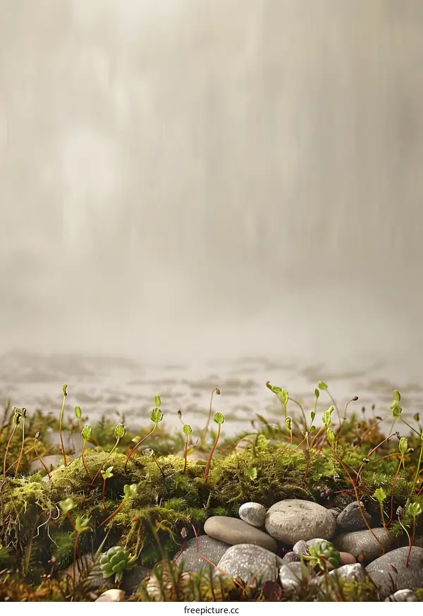 Green Moss and Stones with Foggy Background