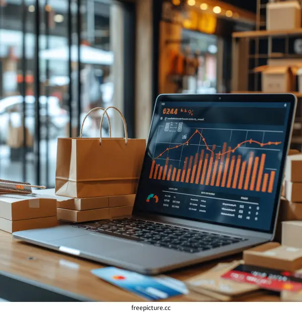 Laptop Displaying Graphs, Data, Boxes and Shopping Bags