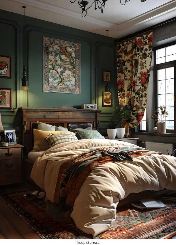 Warm and Inviting Bedroom in Retro Style with Wooden Furniture