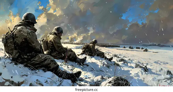 American soldiers advance through the snow during the Battle of the Bulge, 1944.