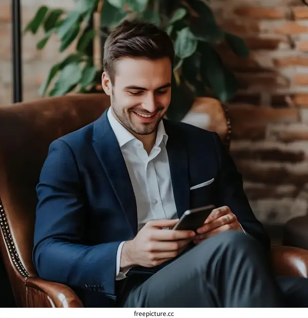 Smiling Businessman Using Smartphone in Modern Office