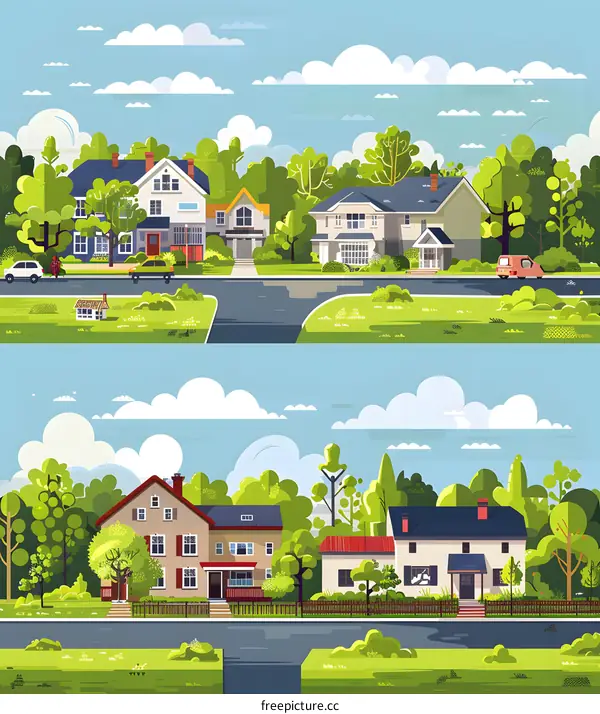 Suburban Neighborhood Houses with Lush Greenery