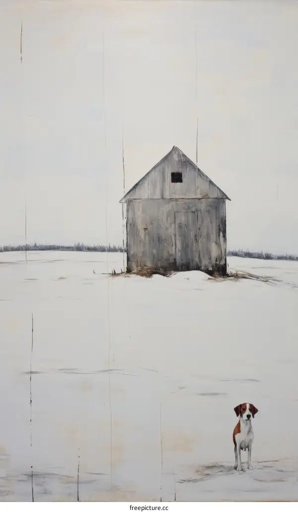 Dog standing in front of a barn in the middle of a snowy field