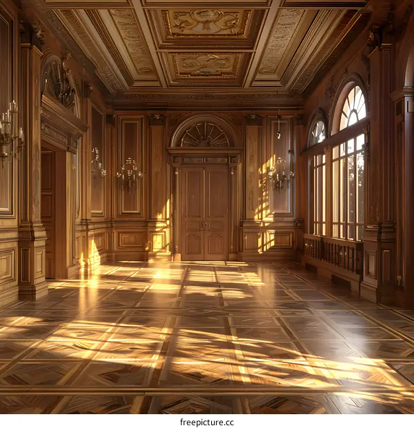 ornate wooden paneled room with parquet floor