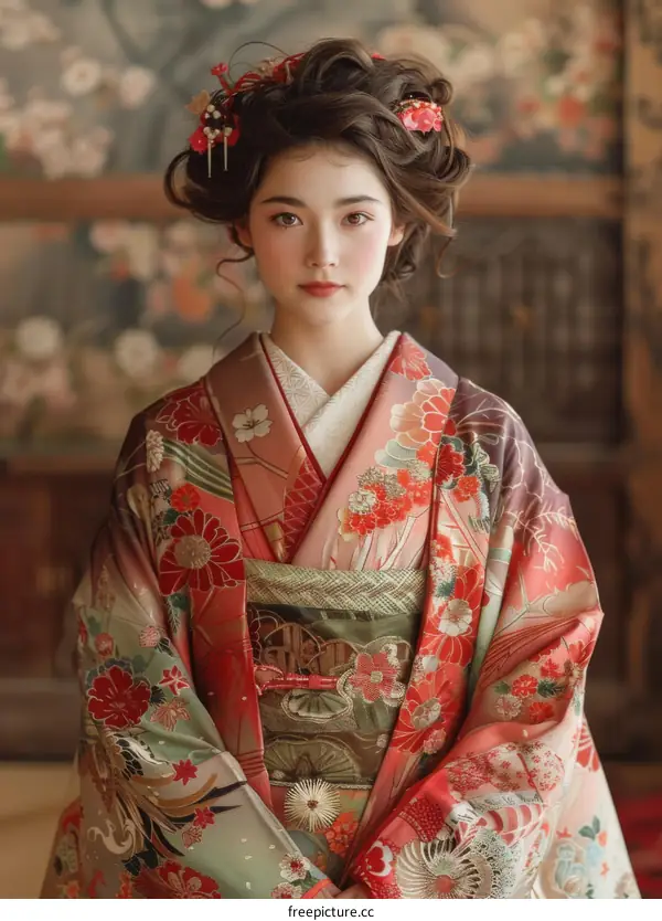 Young Asian Woman Wearing Traditional Japanese Kimono