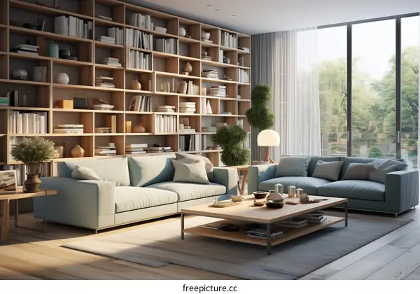 A beautiful living room with a large bookshelf